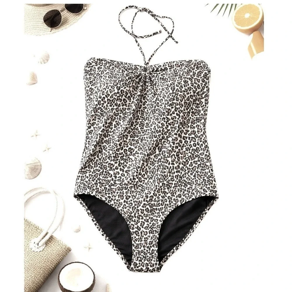 Albion Fit‎ Women XL Leopard Print One Piece Swimsuit Bandeau Halter Twist New